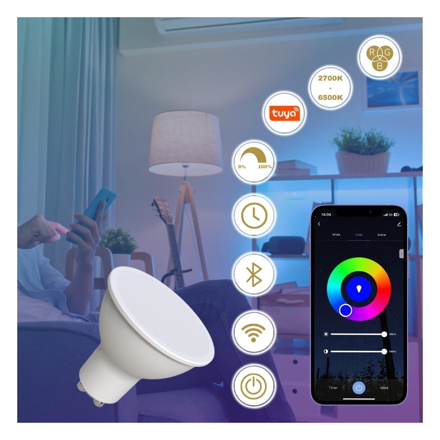 Dimmbares LED-RGBW-Leuchtmittel GU10/4,5W/230V 2700-6500K Wi-Fi Tuya