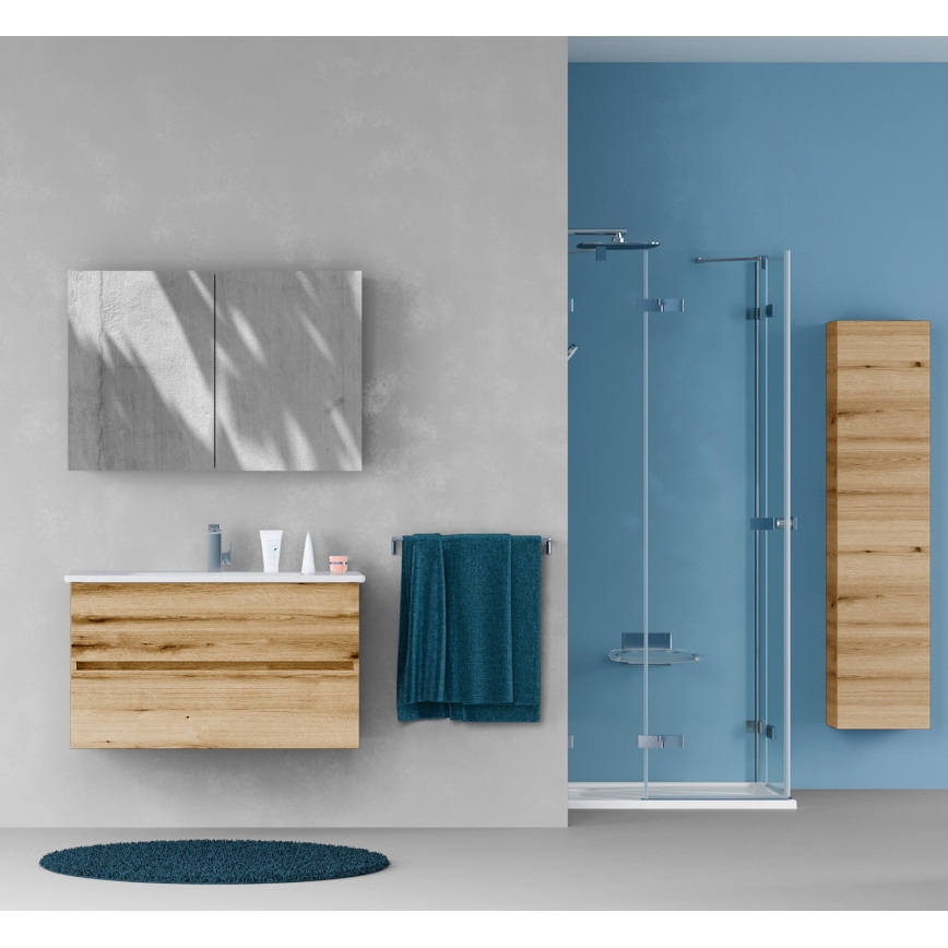 Dřevojas - Badezimmerschrank mit Waschbecken BANO 100x47 cm Eiche/Weiß