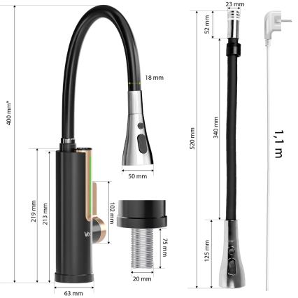 Durchlauferhitzer mit LED-Display 3000 W/230 V IPX4 schwarz/gold