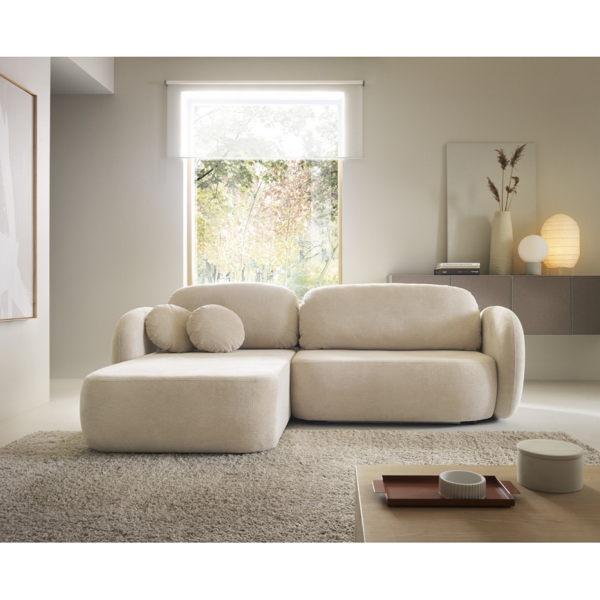 Eck-Schlafsofa OLBIA, L-Form links, mit Bettfunktion und Stauraum, beige