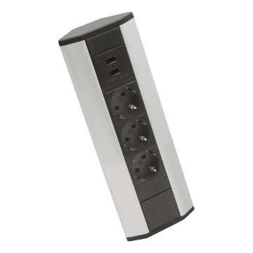 Eck-Steckdosensäule 3×230 V + 2× USB-A, schwarz/silber