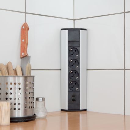 Eck-Steckdosensäule 4x230V + 2xUSB-A schwarz/silber