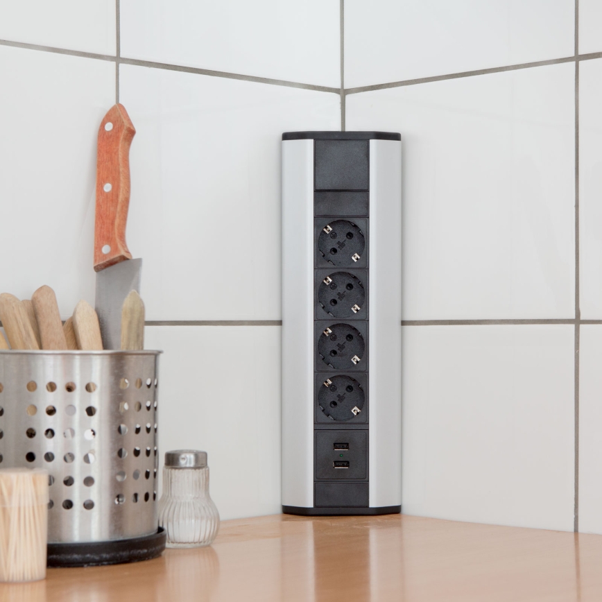 Eck-Steckdosensäule 4x230V + 2xUSB-A schwarz/silber