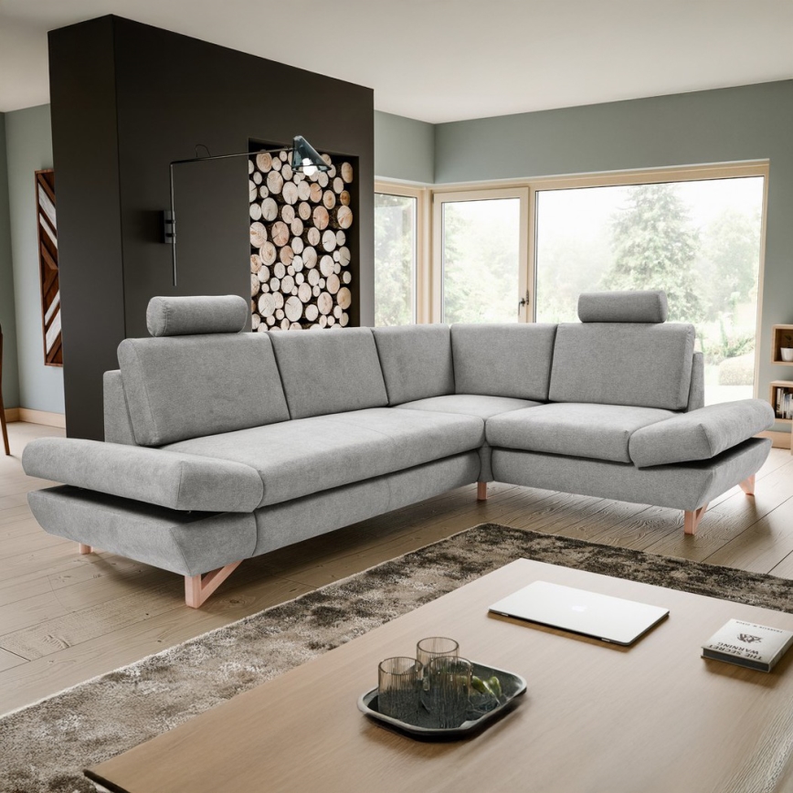 Eckgarnitur AVESTA, ausklappbar mit Schlaffunktion und Stauraum, L‑Form, rechts, grau