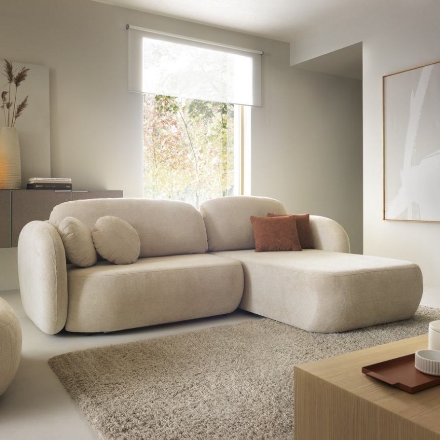 Eckgarnitur OLBIA mit Schlaffunktion und Stauraum in L‑Form, rechts, beige