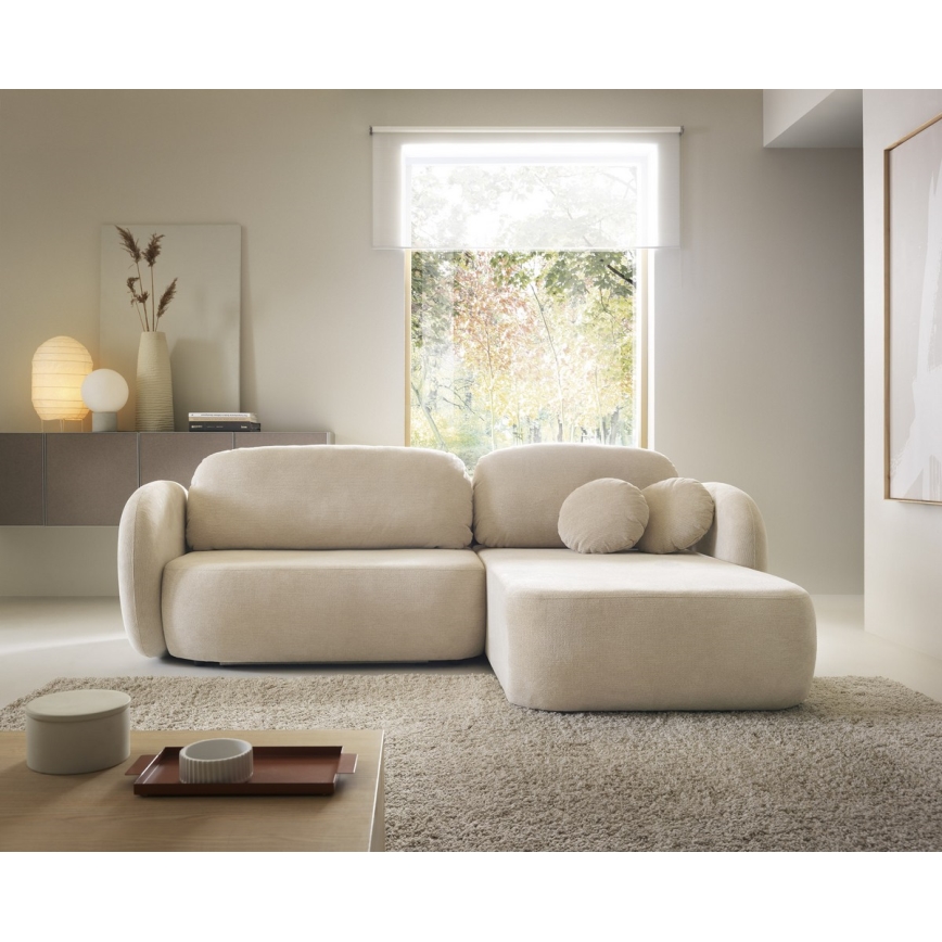 Eckgarnitur OLBIA mit Schlaffunktion und Stauraum in L‑Form, rechts, beige