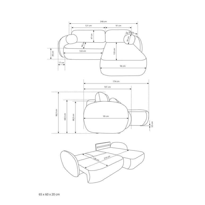 Eckgarnitur OLBIA mit Schlaffunktion und Stauraum in L‑Form, rechts, beige