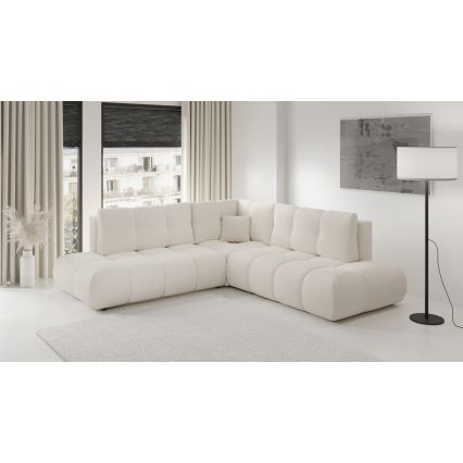 Ausklappbares, gepolstertes Ecksofa mit Schlaffunktion und Stauraum in L-Form ALMADA, rechts, Beige