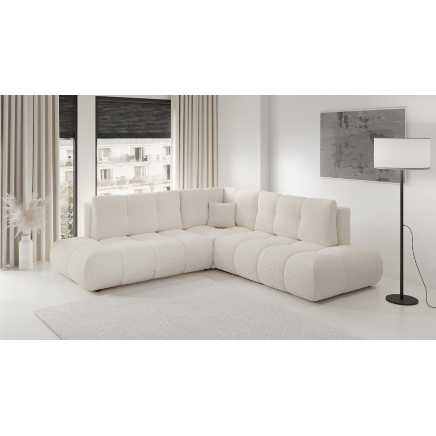 Ausklappbares, gepolstertes Ecksofa mit Schlaffunktion und Stauraum in L-Form ALMADA, rechts, Beige