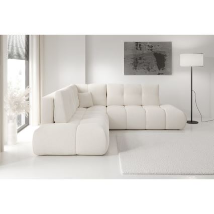 Ausklappbares, gepolstertes Ecksofa mit Schlaffunktion und Stauraum in L-Form ALMADA, rechts, Beige