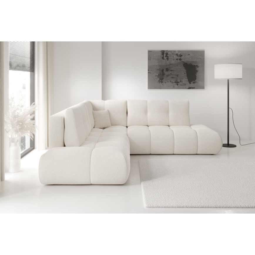 Ausklappbares, gepolstertes Ecksofa mit Schlaffunktion und Stauraum in L-Form ALMADA, rechts, Beige
