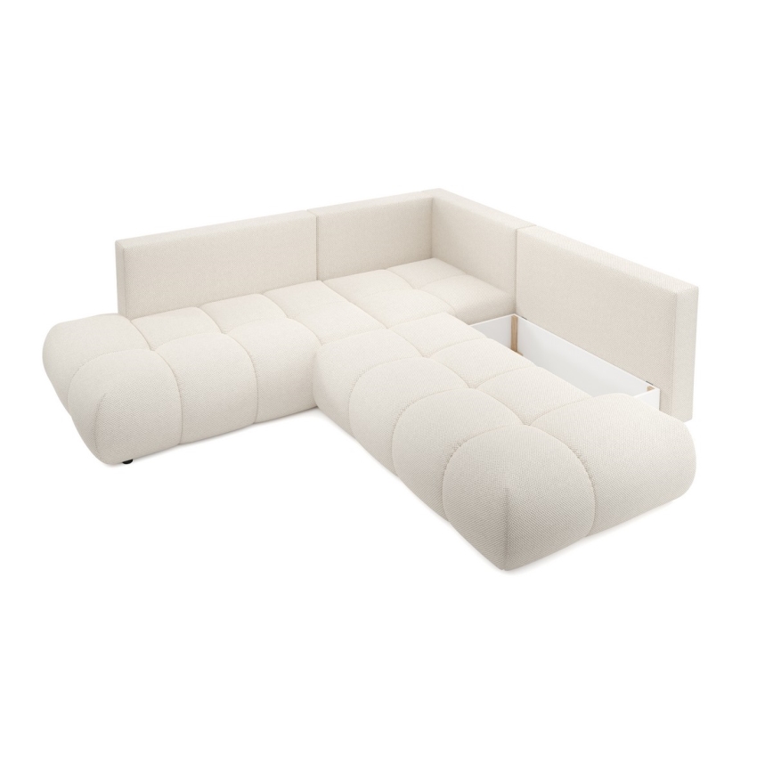 Ausklappbares, gepolstertes Ecksofa mit Schlaffunktion und Stauraum in L-Form ALMADA, rechts, Beige