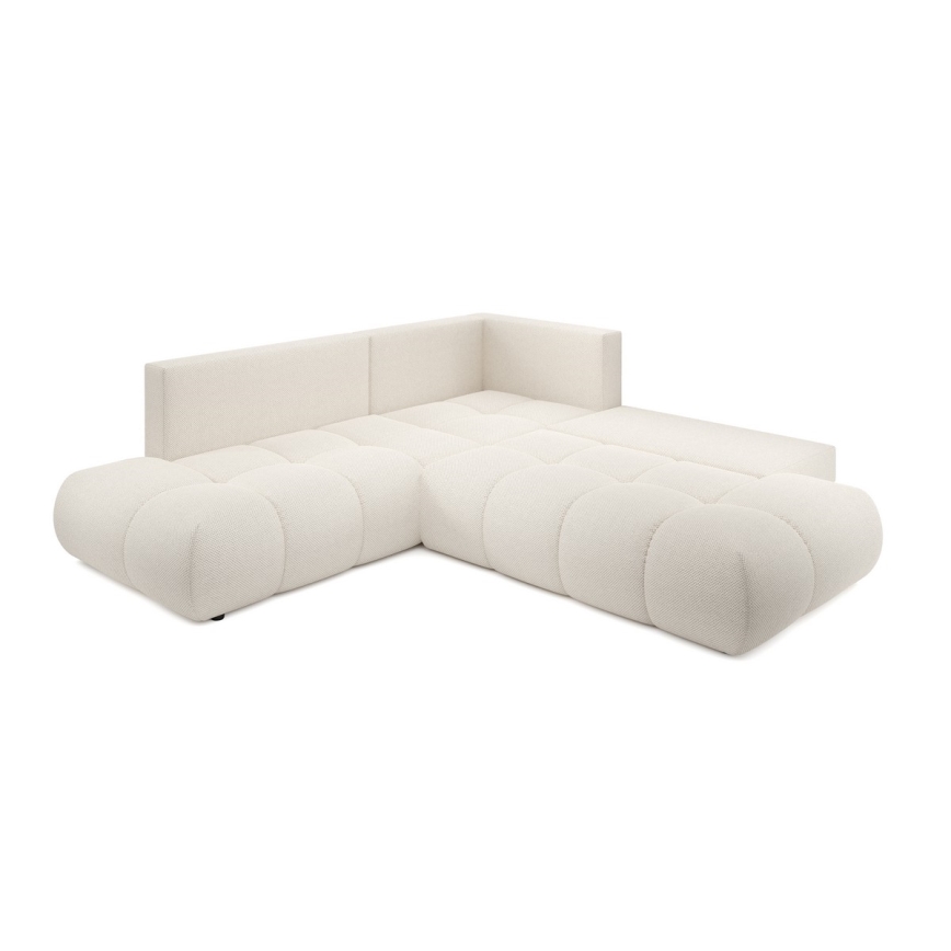 Ausklappbares, gepolstertes Ecksofa mit Schlaffunktion und Stauraum in L-Form ALMADA, rechts, Beige