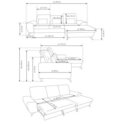 Ausklappbares, gepolstertes Ecksofa ALTA, L‑Form, rechts, mit Stauraum, grau