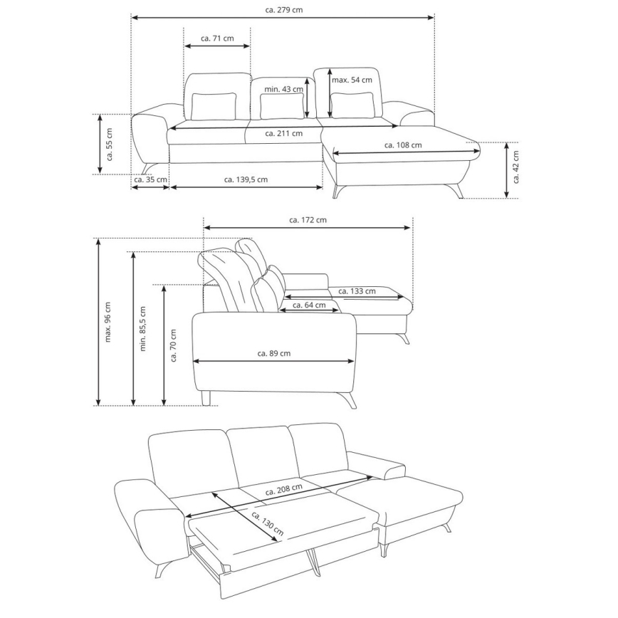 Ausklappbares, gepolstertes Ecksofa ALTA, L‑Form, rechts, mit Stauraum, grau