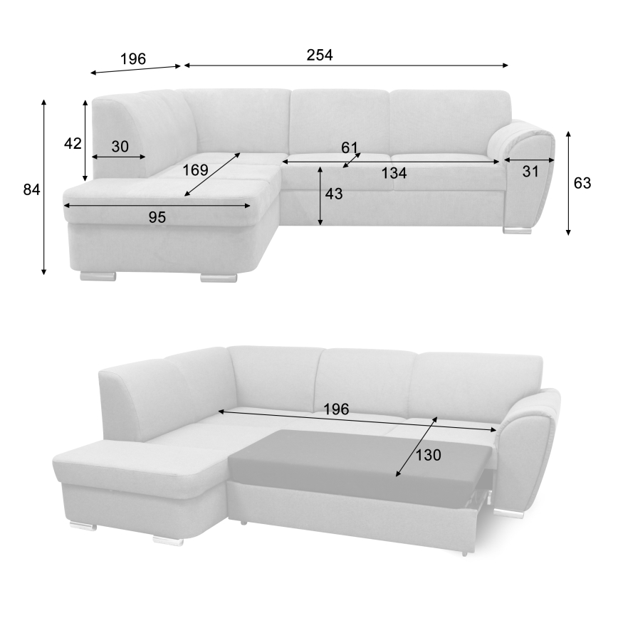 Eck-Schlafsofa mit Stauraum in L-Form SERPA links, grau