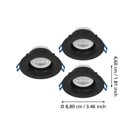 Eglo - 3er-Set LED-Einbauleuchten für Badezimmer, 4,9 W, 230 V, 2700/4000/6500 K, Ø 8,8 cm, IP65, schwarz