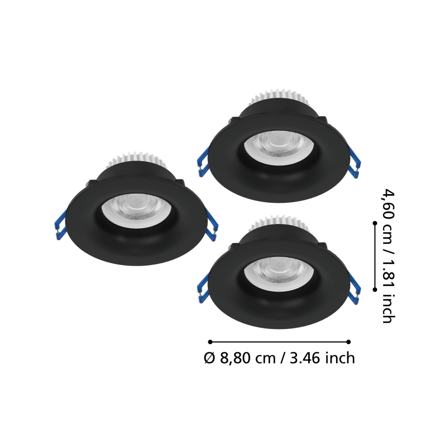 Eglo - 3er-Set LED-Einbauleuchten für Badezimmer, 4,9 W, 230 V, 2700/4000/6500 K, Ø 8,8 cm, IP65, schwarz
