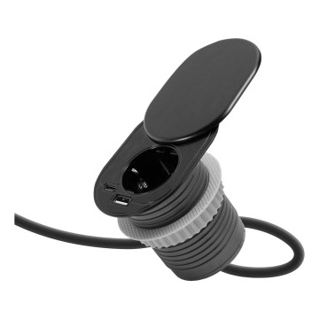Einbausteckdose mit Schiebedeckel, 1-fach Steckdose + USB-C + USB-A, schwarz