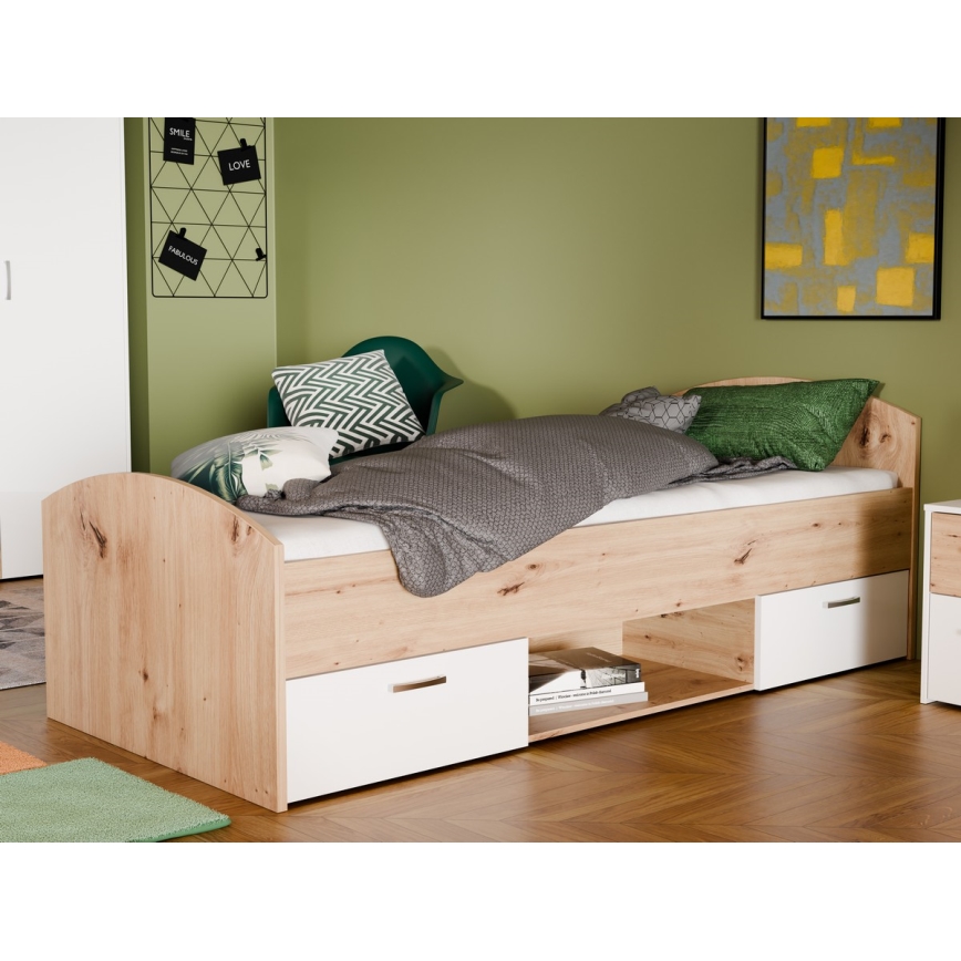 Einzelbett mit Stauraum URO 90x200 cm Artisan-Eiche/Weiß
