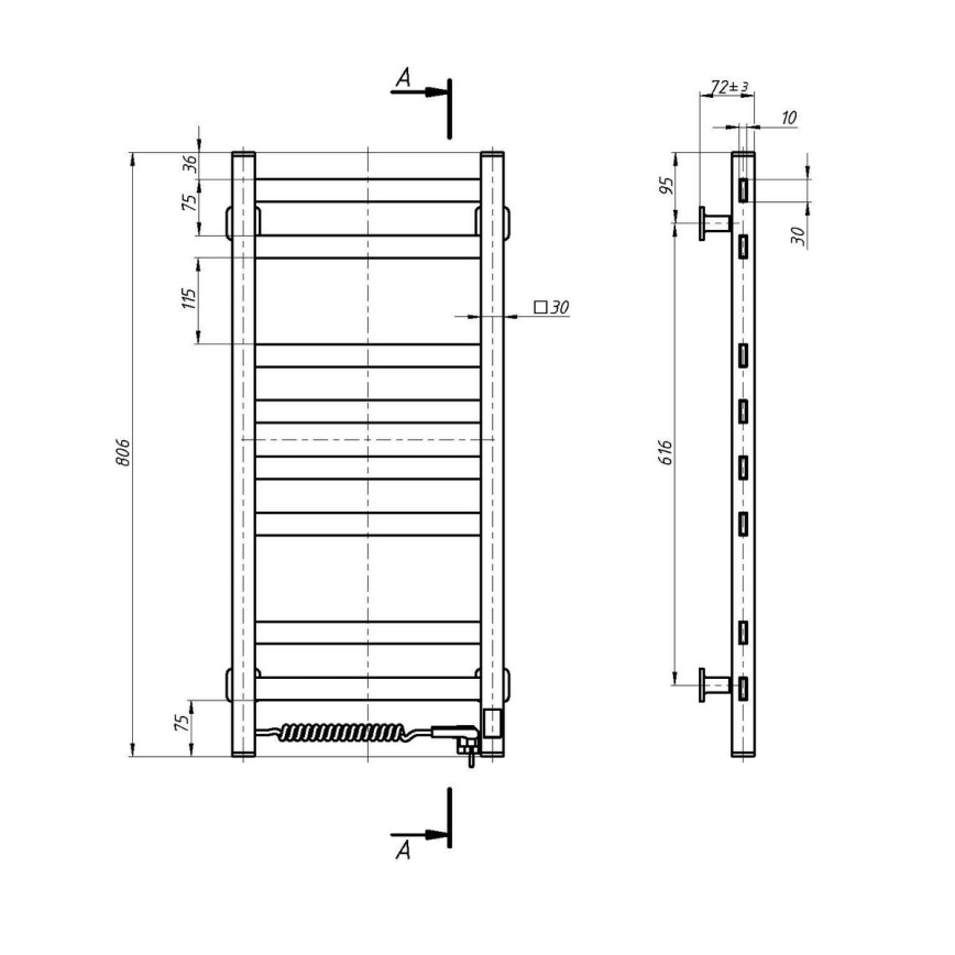 Elektrischer Handtuchheizkörper mit Thermostat AVANGARD, 105 W, 80 × 36 cm, weiß, links