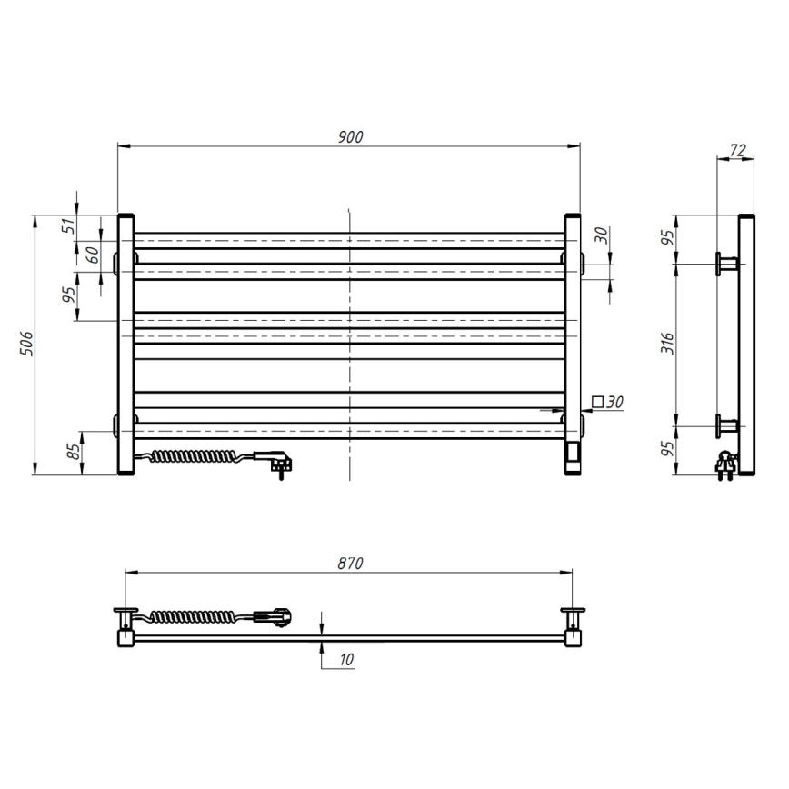 Elektrischer Handtuchheizkörper mit Thermostat AVANGARD 181W 50x90 cm, schwarz, links