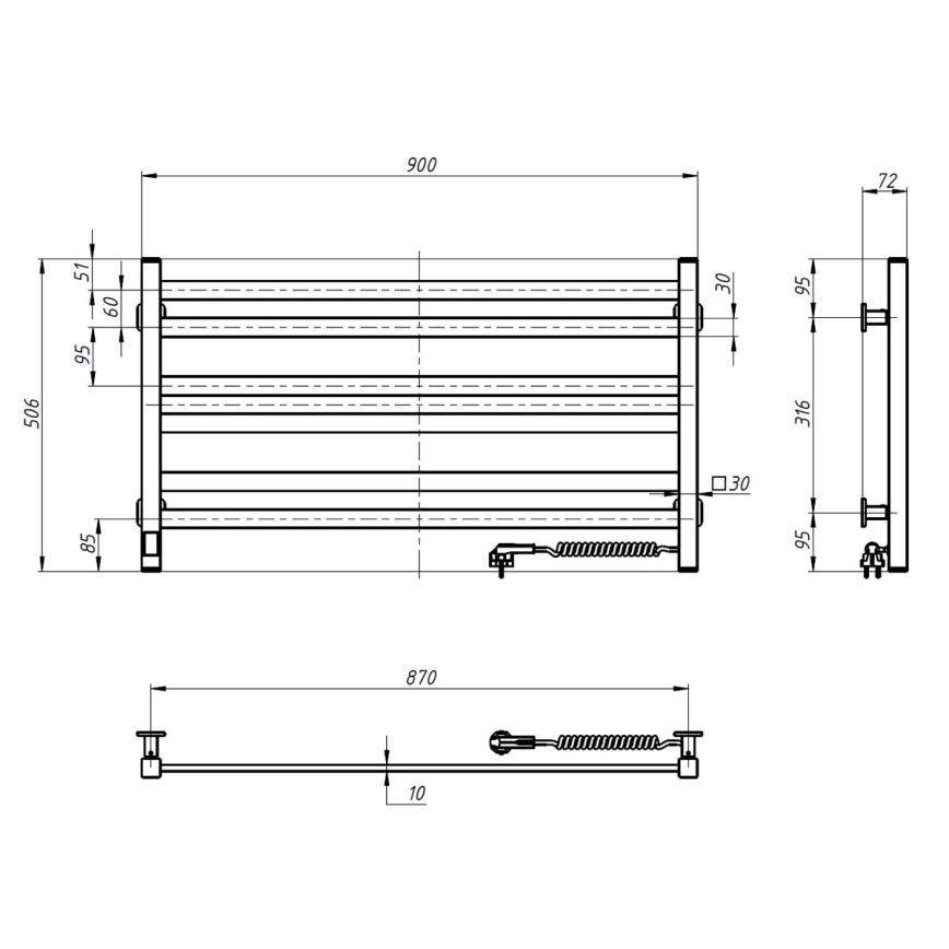 Elektrischer Handtuchheizkörper mit Thermostat AVANGARD 181W 50x90 cm  schwarz rechts