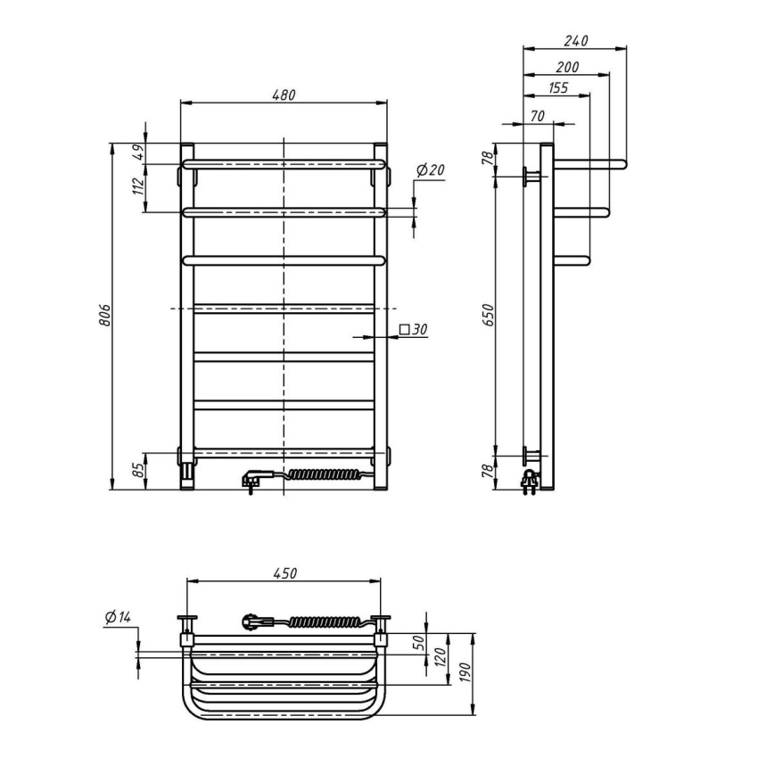 Elektrischer Handtuchheizkörper mit Thermostat FORTIS 155W 80x48 cm, schwarz, rechts