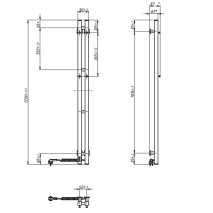 Elektrischer Handtuchheizkörper mit Thermostat SILOUETTE 70 W, 120 x 9 cm, schwarz, rechts