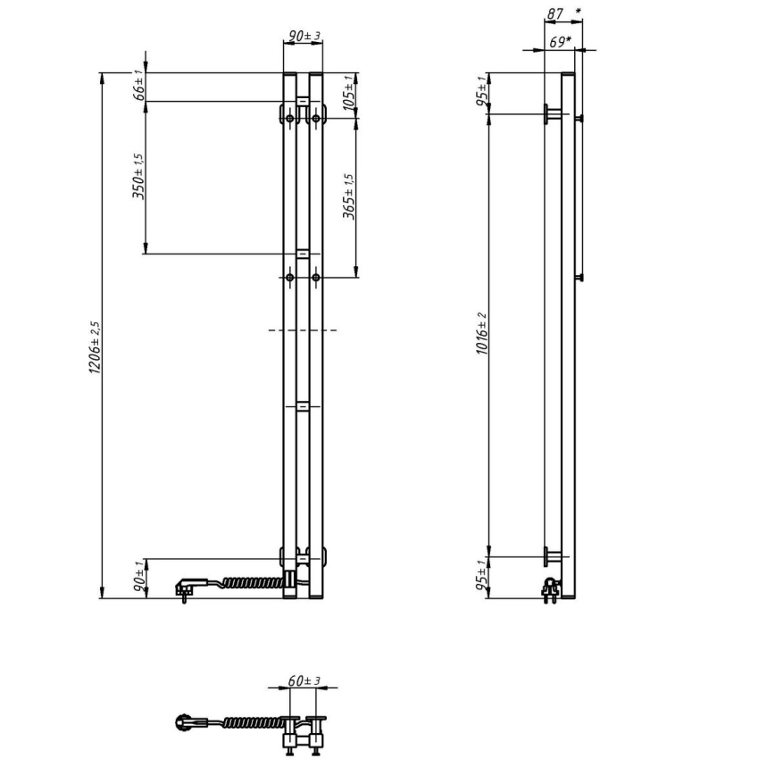 Elektrischer Handtuchheizkörper mit Thermostat SILOUETTE 70 W, 120 x 9 cm, schwarz, rechts