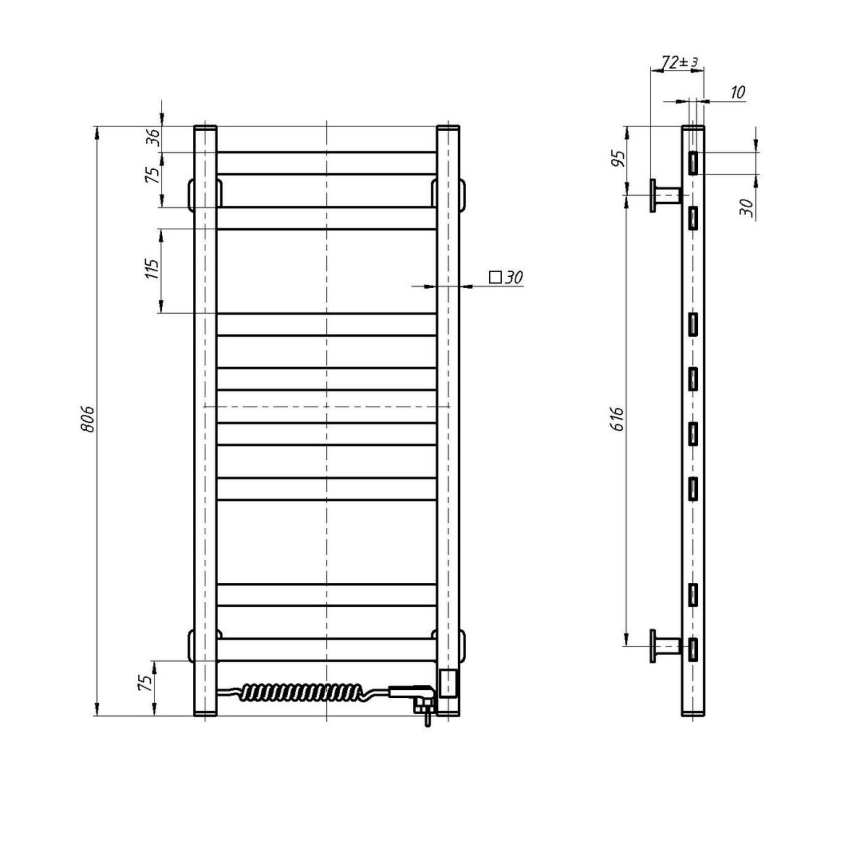 Elektrischer Handtuchwärmer mit Thermostat AVANGARD 105 W, 80 × 36 cm, Schwarz, links