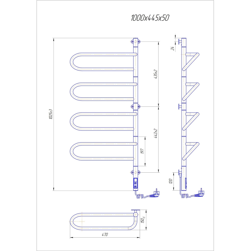 Elektrischer schwenkbarer Handtuchwärmer ELECTRA 120W/230V 100x44,5 cm Edelstahl/Chrom rechts