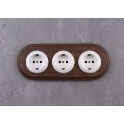 Elhard - Dreifache keramische Retro-Haussteckdose mit Rahmen SCHUKO 230V weiß/dunkles Holz