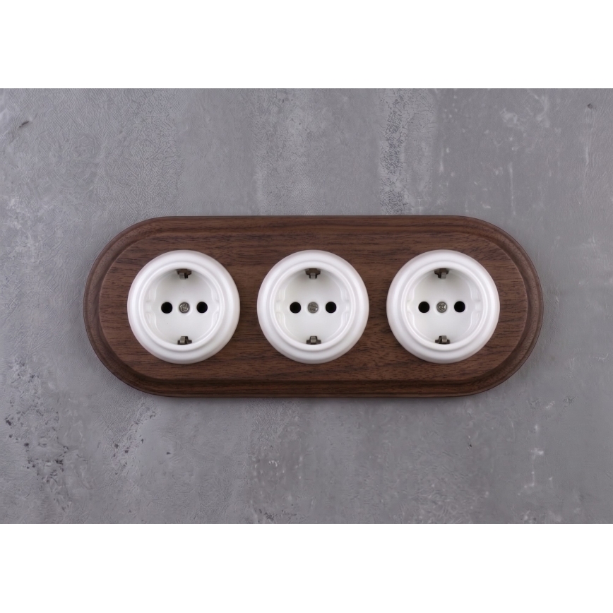 Elhard - Dreifache keramische Retro-Haussteckdose mit Rahmen SCHUKO 230V weiß/dunkles Holz