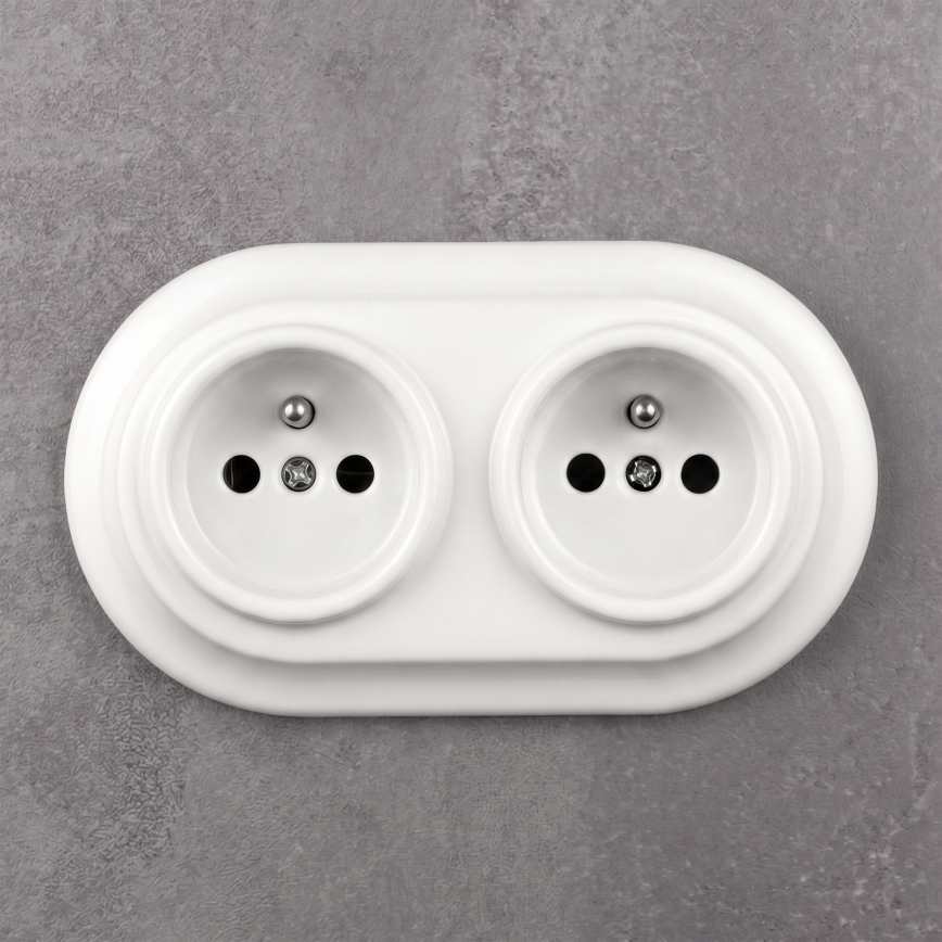Elhard - Doppelsteckdose aus Keramik im Retro-Design für den Haushalt mit Rahmen, 230 V, weiß