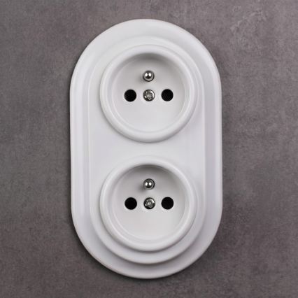 Elhard - Doppelsteckdose aus Keramik im Retro-Design für den Haushalt mit Rahmen, 230 V, weiß
