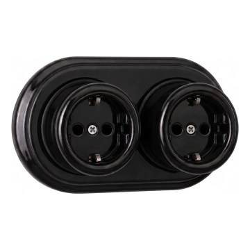 Elhard - Doppelte Keramik-Wandsteckdose im Retro-Look mit Rahmen, SCHUKO 230V, schwarz