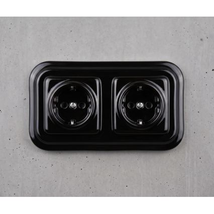Elhard - Doppelte keramische Retro-Haushaltssteckdose mit Rahmen, SCHUKO 230V, schwarz