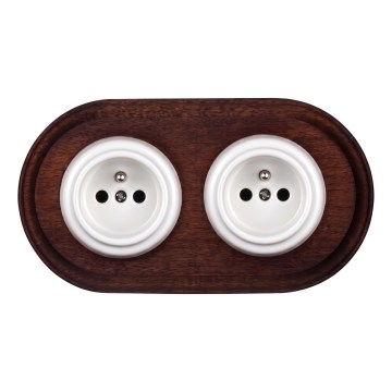 Elhard - Doppelte keramische Retro-Steckdose für den Haushalt mit Rahmen 230 V weiß/dunkles Holz