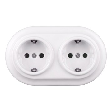 Elhard - Doppelte keramische Retro-Steckdose für den Wohnbereich mit Rahmen SCHUKO 230V weiß