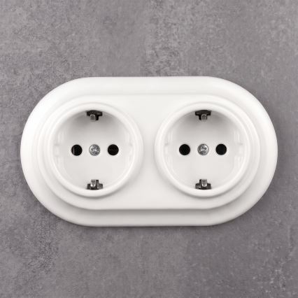 Elhard - Doppelte keramische Retro-Steckdose für den Wohnbereich mit Rahmen SCHUKO 230V weiß