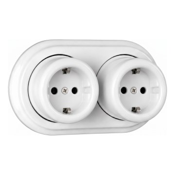 Elhard - Doppelte Wand‑Steckdose aus Keramik im Retro‑Design mit Rahmen, SCHUKO 230V, weiß