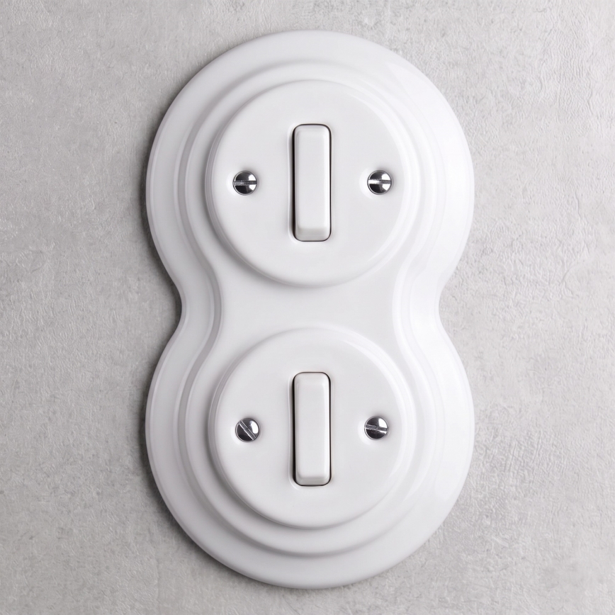 Elhard - Doppelter keramischer Retro-Schalter mit Rahmen č. 1 weiß