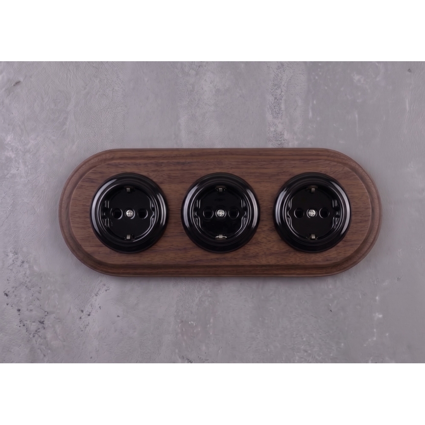 Elhard - Dreifach-Keramik-Retro-Steckdose für Zuhause mit Rahmen SCHUKO 230V schwarz/dunkles Holz
