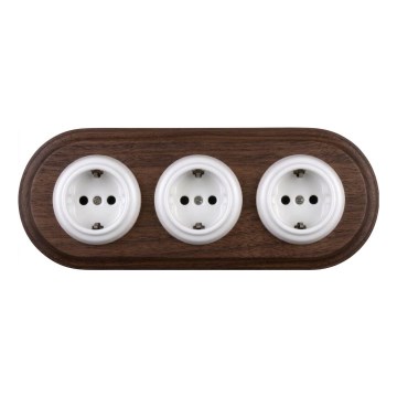 Elhard - Dreifache keramische Retro-Haussteckdose mit Rahmen SCHUKO 230V weiß/dunkles Holz