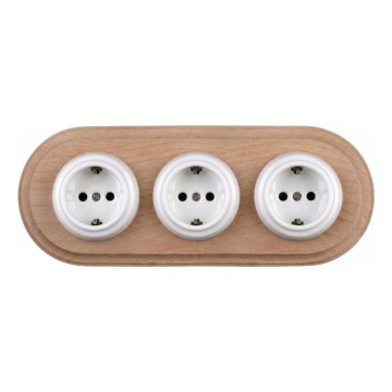 Elhard - Dreifache keramische Retro-Steckdose für den Hausgebrauch mit Rahmen SCHUKO 230V weiß/helles Holz
