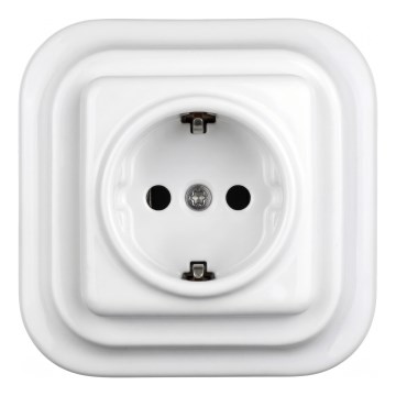 Elhard - Keramik-Retro-Schuko-Steckdose mit Rahmen, 230 V, weiß