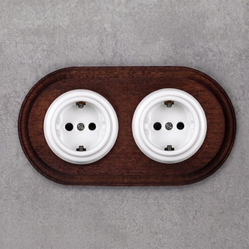 Elhard - Keramische Retro-Doppelsteckdose für den Wohnbereich mit Rahmen SCHUKO 230V weiß/dunkles Holz