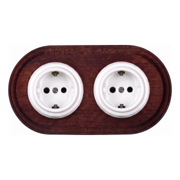 Elhard - Keramische Retro-Doppelsteckdose für den Wohnbereich mit Rahmen SCHUKO 230V weiß/dunkles Holz