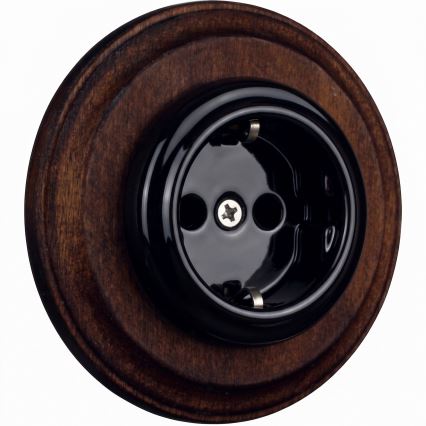 Elhard - Keramische Retro-Haushaltssteckdose mit Rahmen SCHUKO 230V schwarz/dunkles Holz